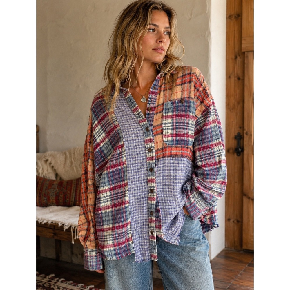 BDG One Way Or Another Patchwork Flannel S Oversized Grunge Raw Hem